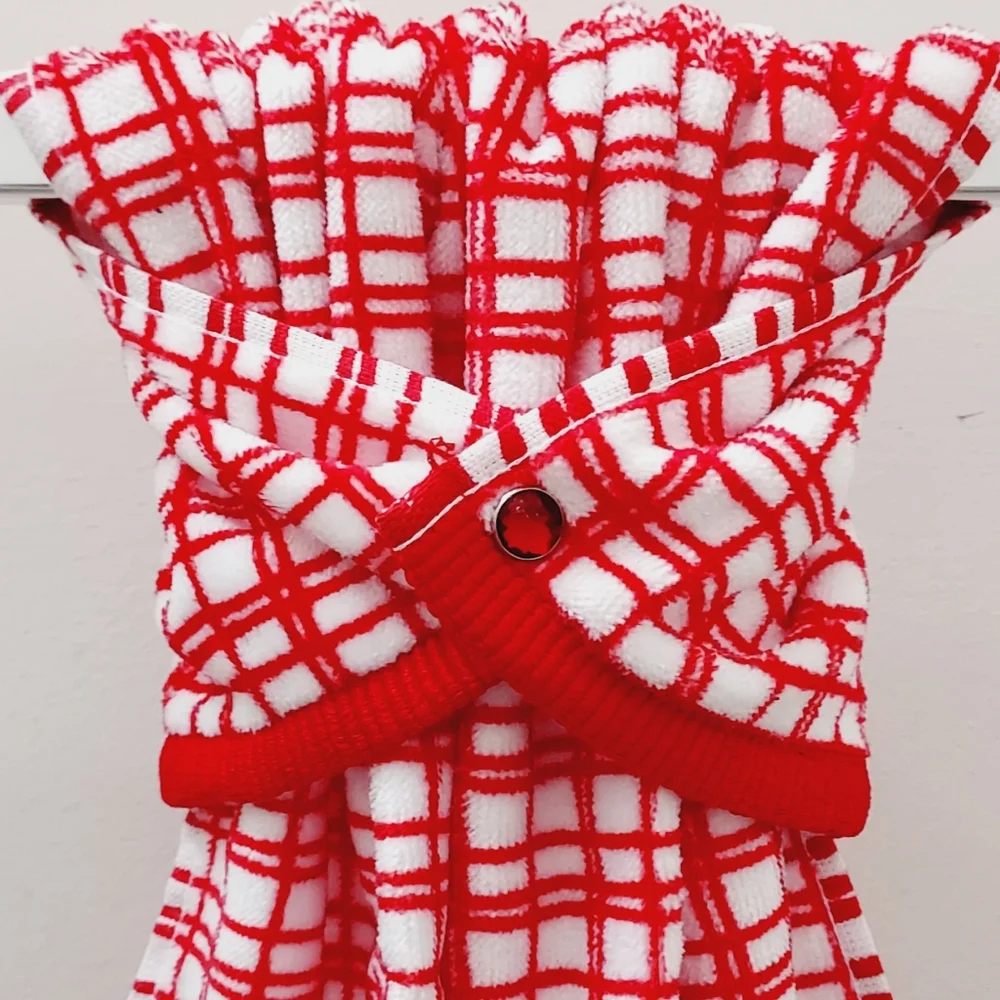 NEW! #9097-C❗️ LAST 1 ❗️■Red checkered Hang'N'Snap Hand Towel 🤍RED JEWEL SNAP